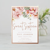 赤面ピンクフローラスウィート16パーティーバラ金ゴールド 箔招待状 (立ち正面)
