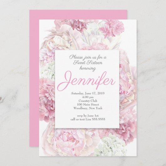 赤面ピンクフローラスウィート16招待状 招待状 (正面/裏面)