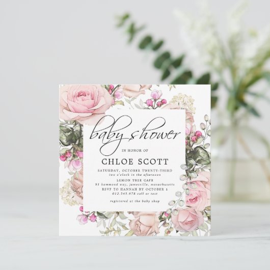 赤面ピンクフローラスクエアベビーシャワー 招待状 (スタンド正面)