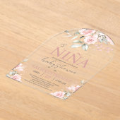 赤面ピンクフローラスペインのベビーシャワーガール アクリル招待状 (レイダウン)