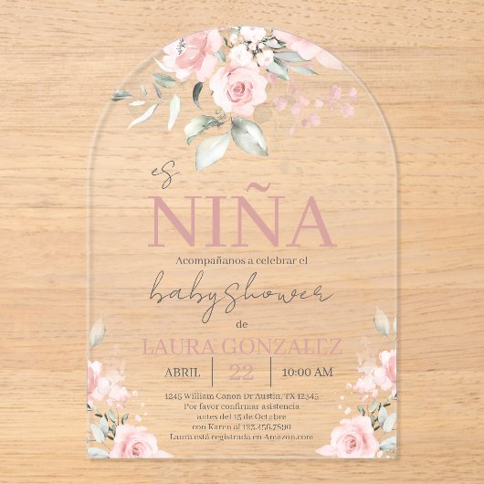 赤面ピンクフローラスペインのベビーシャワーガール アクリル招待状 (正面)