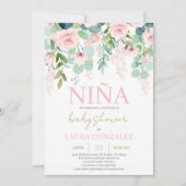 赤面ピンクフローラスペインのベビーシャワーガール 招待状 (正面)