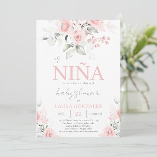 赤面ピンクフローラスペインのベビーシャワーガール 招待状 (スタンド正面)
