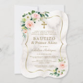赤面ピンクフローラスペインの1歳の誕生日バプテスマ 招待状 (正面)