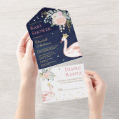 赤面ピンクフローラスワンプリンセスネイビーベイビーシャワー オールインワン招待状 (貼ってはがせる)