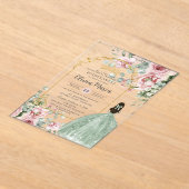 赤面ピンクフローラセージグリーンキンセアニラスウィート16 アクリル招待状 (レイダウン)