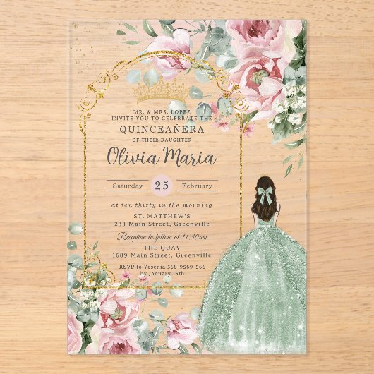 赤面ピンクフローラセージグリーンキンセアニラスウィート16 アクリル招待状 (正面)