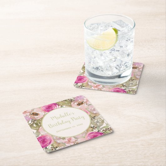 赤面ピンクフローラセージ緑葉誕生日 スクエアペーパーコースター (インサイチュ)