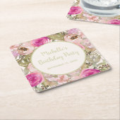 赤面ピンクフローラセージ緑葉誕生日 スクエアペーパーコースター (アングル)