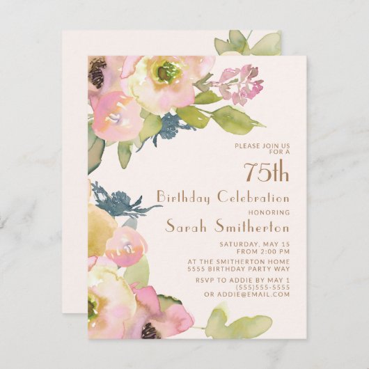 赤面ピンクフローラセージ葉グリーン誕生日75 招待状 (正面/裏面)