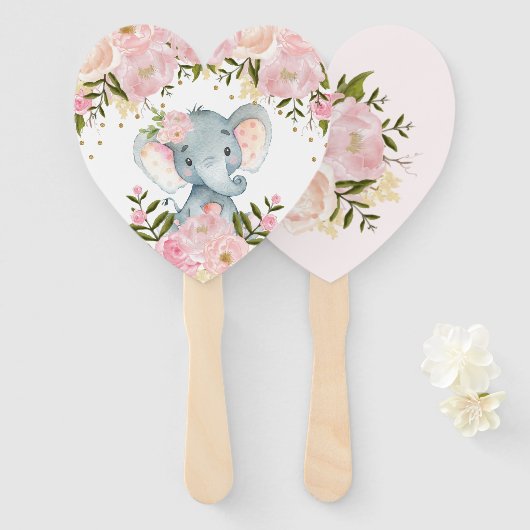赤面ピンクフローラゾウ赤ちゃんシャワー誕生日 ハンドファン (正面&裏面)