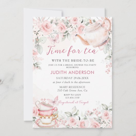 赤面ピンクフローラタイム茶ブライダルシャワー 招待状 (正面)