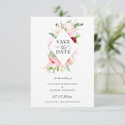 赤面ピンクフローラダイヤモンドフレーム日付の保存 案内状 (スタンド正面)