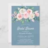 赤面ピンクフローラダスティブルーフォトブライダルシャワー 招待状 (正面)