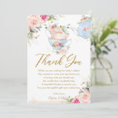 赤面ピンクフローラティーパーティーベビーシャワー誕生日 サンキューカード (スタンド正面)