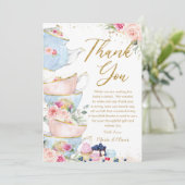 赤面ピンクフローラティーパーティーベビーブライダルシャワー サンキューカード (スタンド正面)