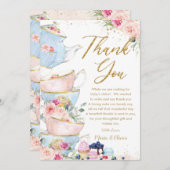 赤面ピンクフローラティーパーティーベビーブライダルシャワー サンキューカード (正面/裏面)
