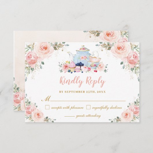 赤面ピンクフローラティーパーティーベビーブライダルシャワー 出欠カード (正面/裏面)