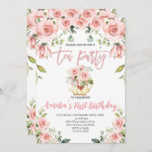 赤面ピンクフローラティーパーティー最初の誕生日 招待状 (正面/裏面)