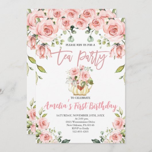赤面ピンクフローラティーパーティー最初の誕生日 招待状 (正面/裏面)