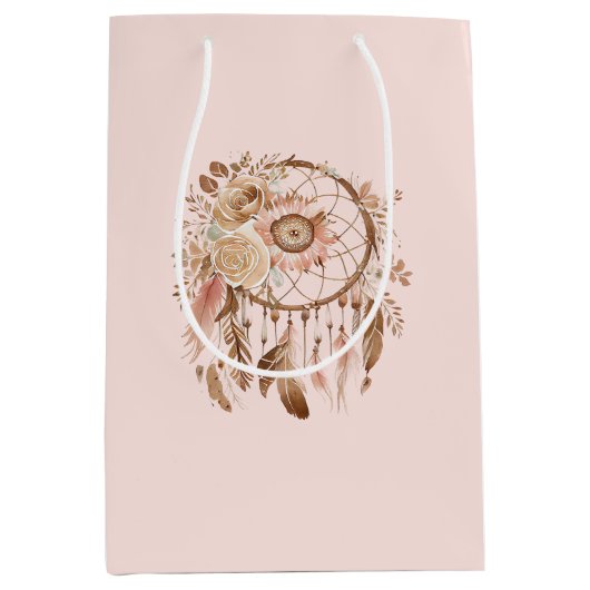 赤面ピンクフローラドリームキャッチャー誕生日 ミディアムペーパーバッグ (正面)