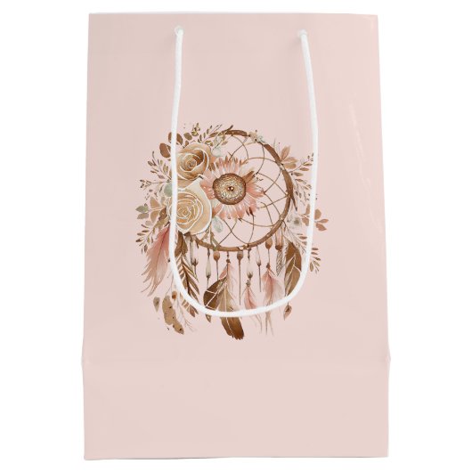 赤面ピンクフローラドリームキャッチャー誕生日 ミディアムペーパーバッグ (裏面)