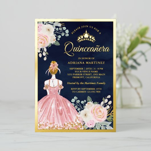 赤面ピンクフローラドレスネイビーブルーキンセアニェラ金ゴールド 箔招待状 (立ち正面)