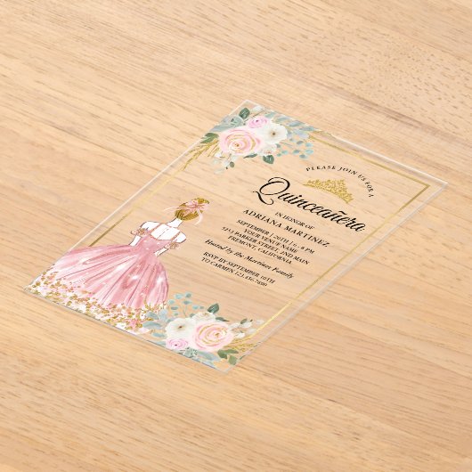 赤面ピンクフローラドレスプリンセス金ゴールドキンセアニェラ アクリル招待状 (レイダウン)