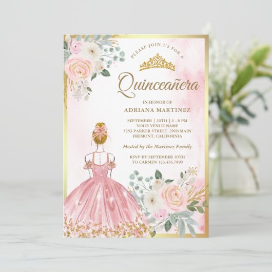 赤面ピンクフローラドレスプリンセス金ゴールドキンセアニェラ 招待状 (スタンド正面)