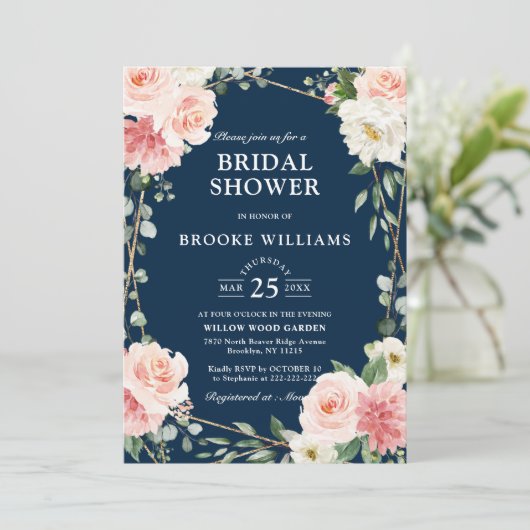 赤面ピンクフローラネイビージオメトリックブライダルシャワー 招待状 (スタンド正面)