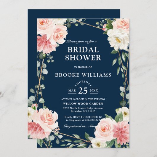 赤面ピンクフローラネイビージオメトリックブライダルシャワー 招待状 (正面/裏面)