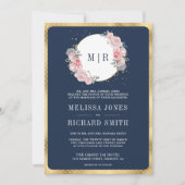 赤面ピンクフローラネイビーブルーオールインワン結婚ズ 招待状 (正面)