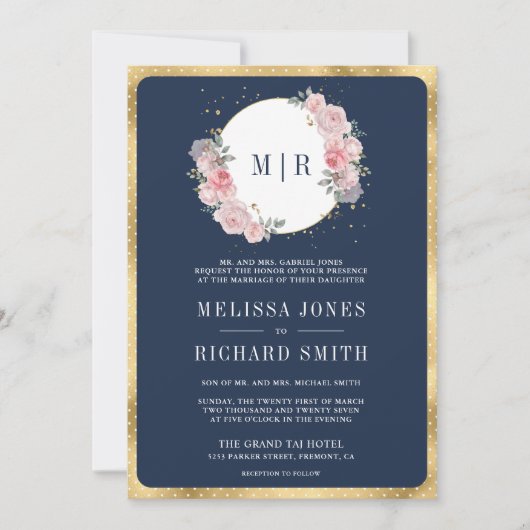 赤面ピンクフローラネイビーブルーオールインワン結婚ズ 招待状 (正面)