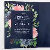 赤面ピンクフローラネイビーブルーフォトコラージュ結婚ズ 三つ折り招待状 (内部最初)