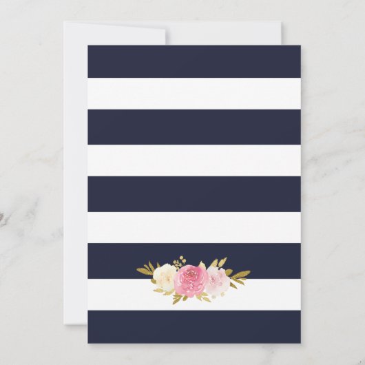 赤面ピンクフローラネイビーブルーホワイト金ゴールドズ 招待状 (裏面)