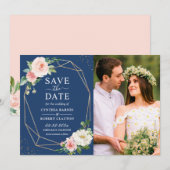 赤面ピンクフローラネイビーモダンブルージオメトリック写真 セーブザデート (正面/裏面)