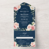 赤面ピンクフローラネイビー幾何学植物結婚の オールインワン招待状 (内側)