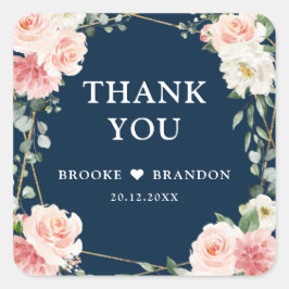 赤面ピンクフローラネイビー幾何学植物結婚の スクエアシール