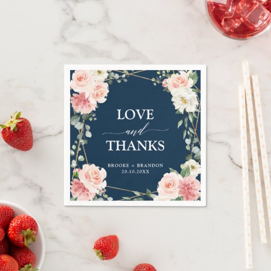 赤面ピンクフローラネイビー幾何学植物結婚の スタンダードカクテルナプキン (インサイチュ)