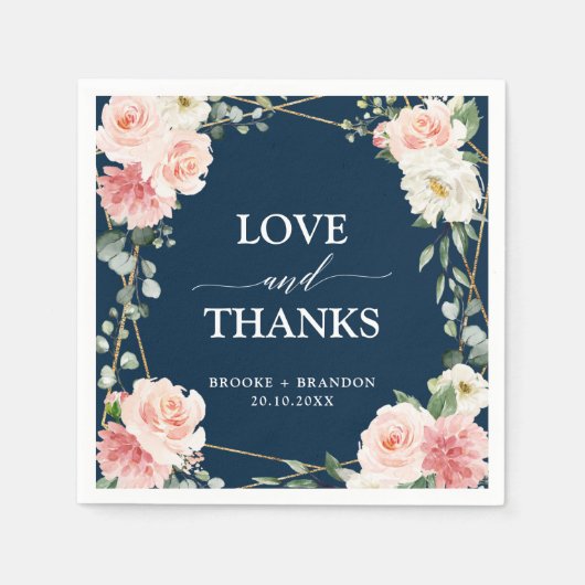 赤面ピンクフローラネイビー幾何学植物結婚の スタンダードカクテルナプキン (正面)