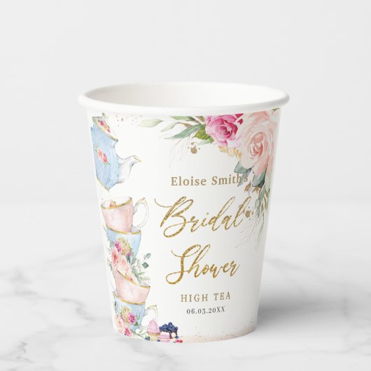 赤面ピンクフローラハイティーパーティーブライダルシャワー 紙コップ (正面)