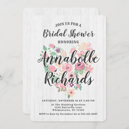 赤面ピンクフローラハートブライダルシャワー招待 招待状 (正面/裏面)