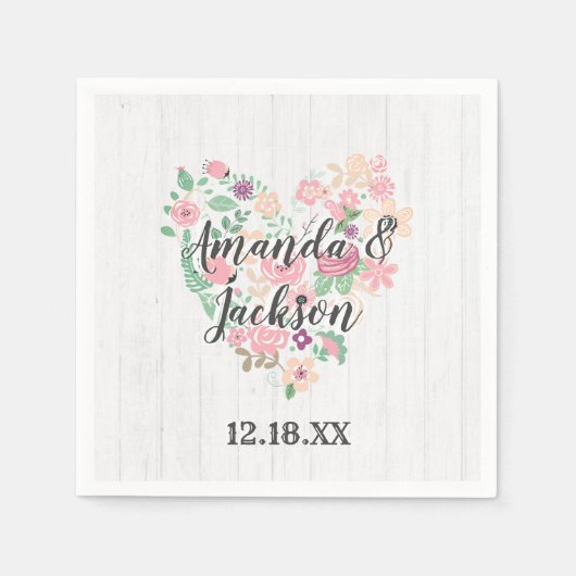 赤面ピンクフローラハートモダンス結婚モノグラム スタンダードカクテルナプキン (正面)