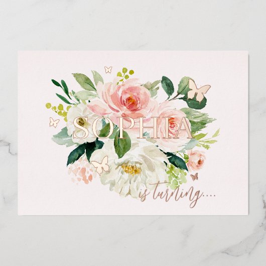 赤面ピンクフローラバタフライガール1st誕生日 箔招待状 (正面)