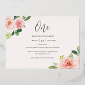 赤面ピンクフローラバタフライガール1st誕生日 箔招待状 (裏面)