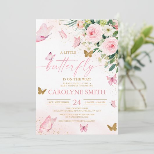 赤面ピンクフローラバタフライベビーシャワー招待状 招待状 (スタンド正面)