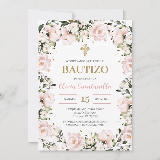 赤面ピンクフローラバプテスマスペインの招待状 招待状 (正面)