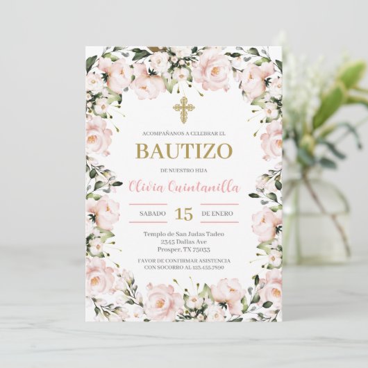 赤面ピンクフローラバプテスマスペインの招待状 招待状 (スタンド正面)