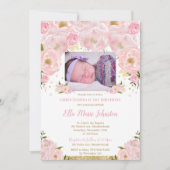 赤面ピンクフローラバプテスマ1st誕生日パーティー写真 招待状 (正面)