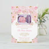 赤面ピンクフローラバプテスマ1st誕生日パーティー写真 招待状 (スタンド正面)